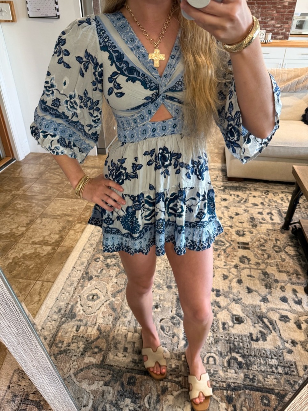 Blue Floral Tiered Mini Dress with Cutout